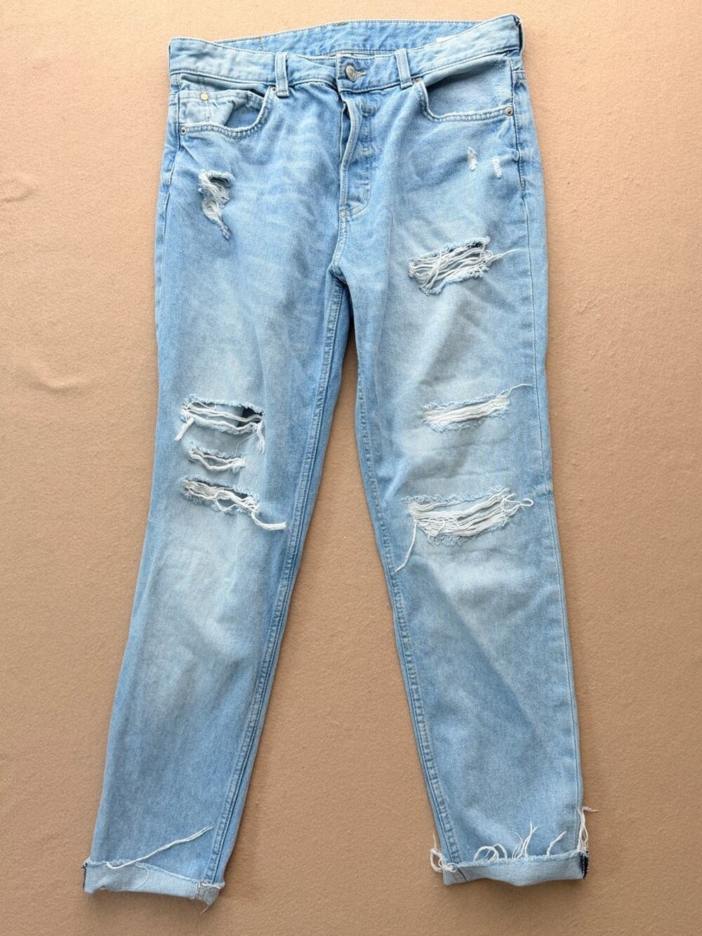 H&M &denim low rise boyfriend jeans rip destroyed 100% Cotton W27 SZ 6 straight